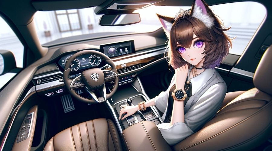 高級時計をつけて、高級車に乗っている女性
