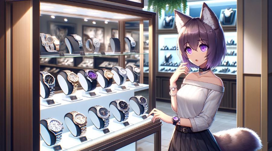 色々な高級時計がショーケースの中に並んでいる