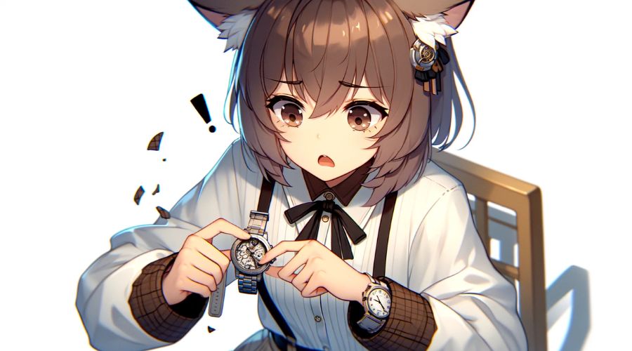 壊れた時計を見ている女性