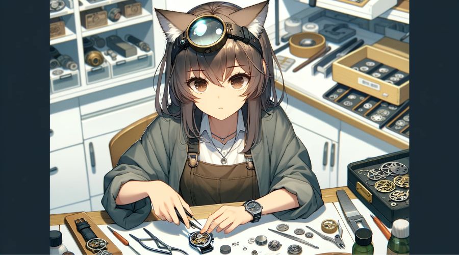 時計の電池交換をしている女性